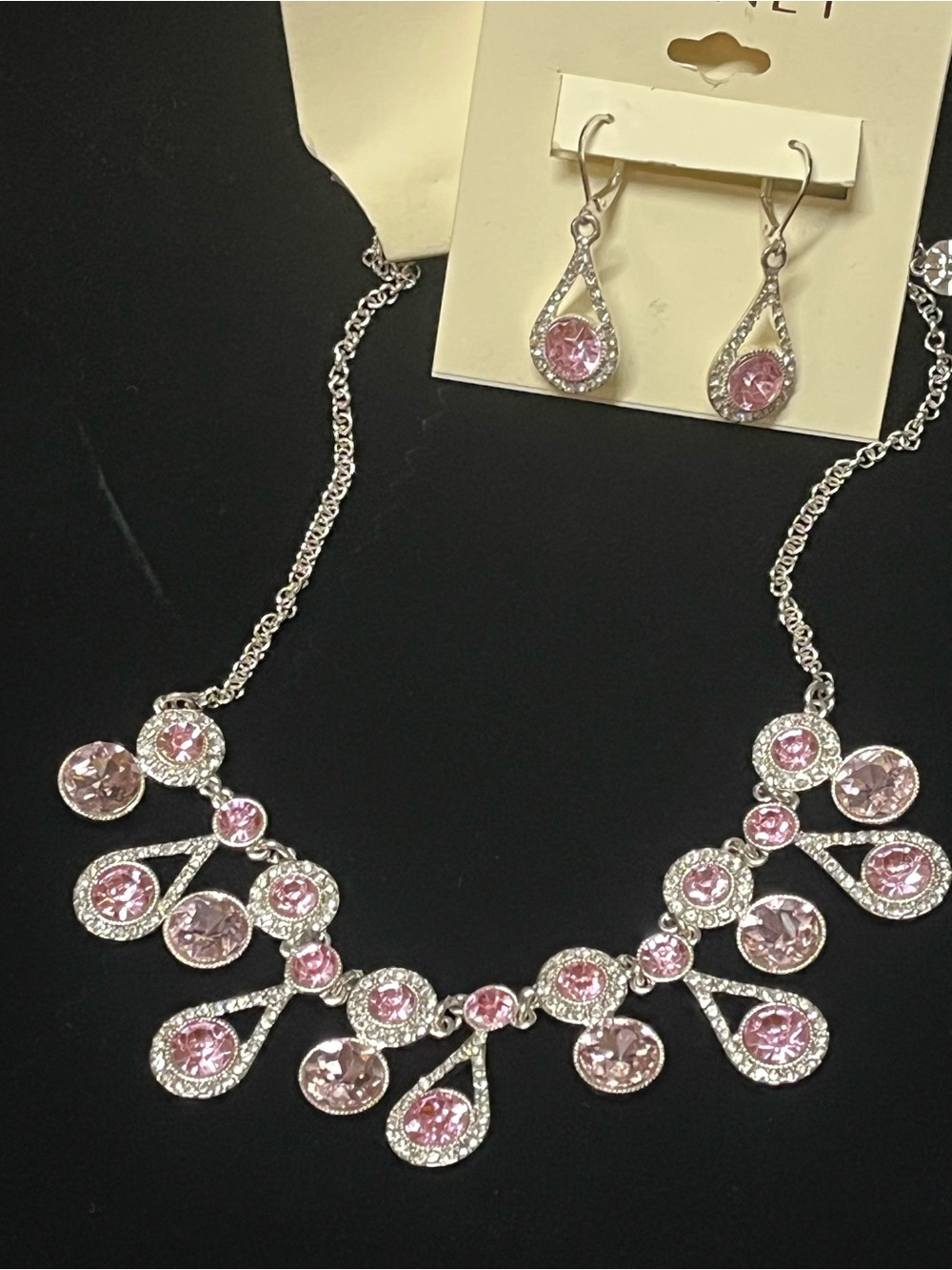 Monet Pink Crystal Teardrop Necklace and Dangle Earrings Set - Picture 5 of 9